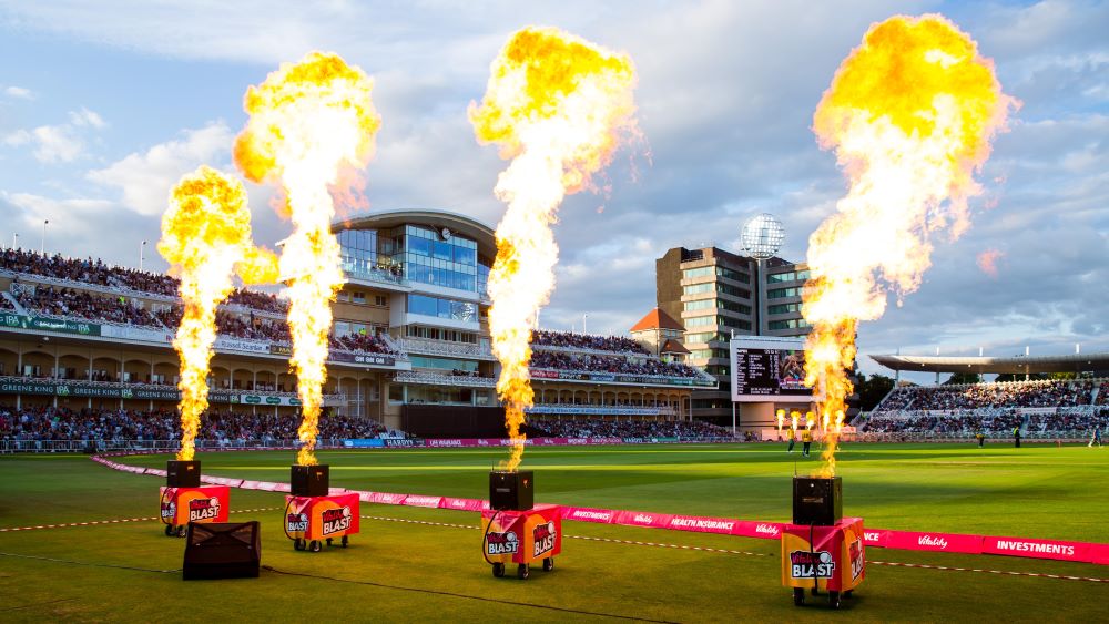 Fire jets on the side of the pitch at trent bridge before a vitality blast game